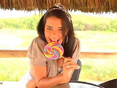 Sweet brunette Vivi Spice is sucking her candy tube porn video