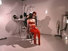 Hawt lesbos in red and darksome leather tube porn video