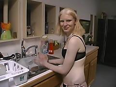 Blonde Wearing a Black Bra Likes to Give Handjobs In the Kitchen tube porn video