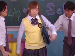 Yuu Namiki nice Asian teen in school uniform in threesome tube porn video