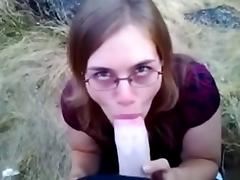 Nerdy Chick Sucks A Big White Dick In The Great Outdoors tube porn video
