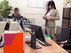 Attractive Asian dame in pantyhose getting her pussy licked and banged hardcore in the office tube porn video