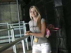 Blonde chick with a hot body flashing her gorgeous natural tits in public tube porn video